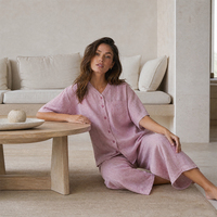 Ensemble décontracté deux pièces en coton et lin pour femme, haut à manches courtes boutonné et pantalon large, pour intérieur et extérieur, tenue de jour SOFT09