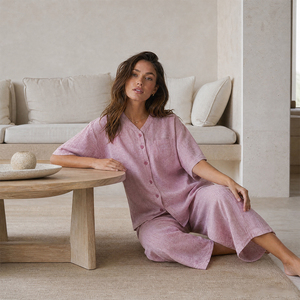 Conjunto <span class=keywords><strong>Casual</strong></span> de Dos Piezas de Lino y Algodón para Mujer, Top de Manga Corta con Botones y Pantalones Anchos, Ropa de Interior y Exterior, Ropa de Día SOFT09 - Product Image 4