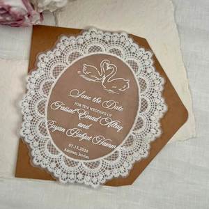 Carte d'invitation de mariage personnalisée ovale en polyester avec dentelle, style vintage élégant et romantique, pour dîner en forme de cœur, invitations de table - Product Image 2