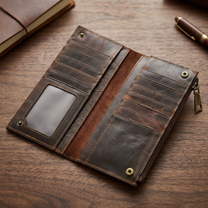 Portefeuille de motard en cuir véritable avec fermeture ouverte en tissu vintage, design portable, motif filigrané - Product Image 2