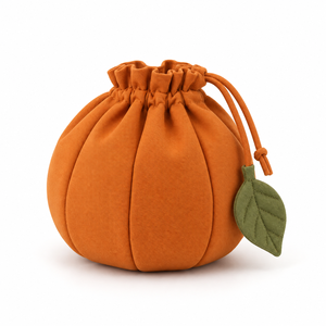 <b>Makeup</b> Pouch Pumpkin Shape Gathered Pleat Drawstring Leaf Charm Caramel Orange Wash <b>Bag</b> Custom Logo Gift - Product Image 1