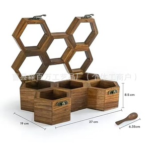 Wooden Honeycomb <b>Spice</b> <b>Jar</b> Set Hexagonal With Lid Stackable For Kitchen Storage - Product Image 4