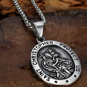 Collier pendentif religieux rétro vintage en acier inoxydable Saint <span class=keywords><strong>Christophe</strong></span> Protège-nous Croix Sainte - Product Image 3
