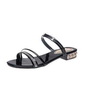 Elegant Black Patent Leather <b>Flat</b> <b>Sandals</b> With Rhinestone Decoration Open Toe Buckle Closure Summer Women Shoes - Product Image 1