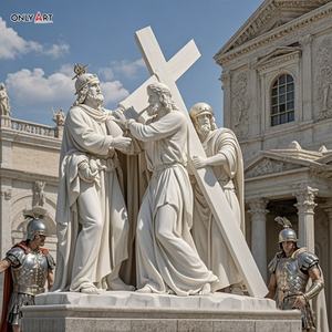 Sculpture en marbre blanc de Jésus, grande et célèbre, représentant la cinquième station de la Via Crucis, <span class=keywords><strong>Simon</strong></span> aide Jésus à porter la croix, sculpture de la 14e station - Product Image 3