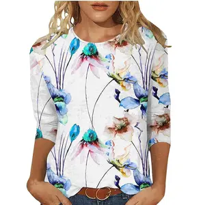 Sommer Frauen Ellenbogen Länge Tops Vintage Boots hals Blumen Anpassen Grafik Ärmel T-Shirt Dreiviertel-Ärmel T-Shirt Großhandel