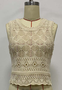 Pull en tricot <span class=keywords><strong>crochet</strong></span> bohème pour femmes, couleur crème, débardeur sans manches, ajouré, gilet en tricot d'été avec ourlet festonné - Product Image 6