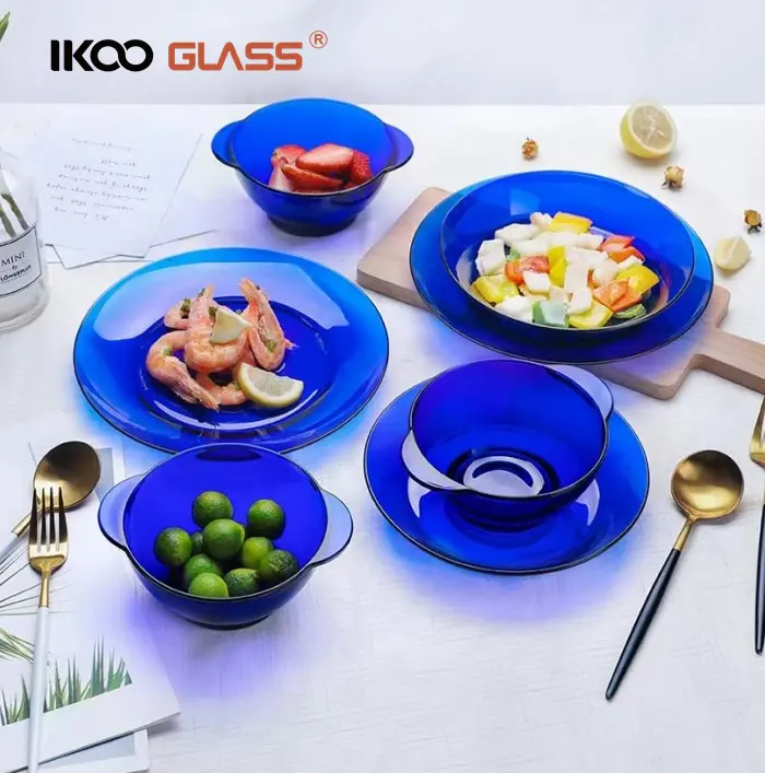 IKOO透明青色ガラス食器ホウケイ酸ガラスプレートセット