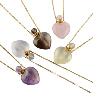 WX1327N Gold Stainless Steel Heart Shape Natural Gemstone Perfume Oil Bottle Pendant Necklace Jewelry