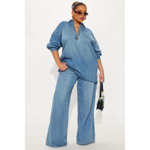 Conjunto de Mezclilla Personalizado para Mujer 2026, Top de Manga Larga, Jeans de Pierna Ancha, Conjunto de 2 Piezas, Estilo Y2K, Diseño Cruzado con Cinturón - Product Image 3