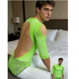 Hotnight Men's <b>Fishnet</b> <b>Long</b> <b>Sleeve</b> Bodycon Bodysuit See Through Hollow Knit Stretch <b>Top</b> Sexy Underwear Summer 2025 - Product Image 3