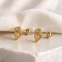 Boucles d'oreilles clous en acier chirurgical 316L, motif Roi Viking barbu, finition PVD Or, visage de guerrier nordique, pour piercing Tragus et Hélix, bijoux