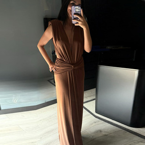 Nouvelle arrivée 2026, <span class=keywords><strong>robe</strong></span> sexy marron à nœuds plissés sans manches, col en V profond pour femmes, <span class=keywords><strong>robe</strong></span> longue <span class=keywords><strong>moulante</strong></span> - Product Image 4