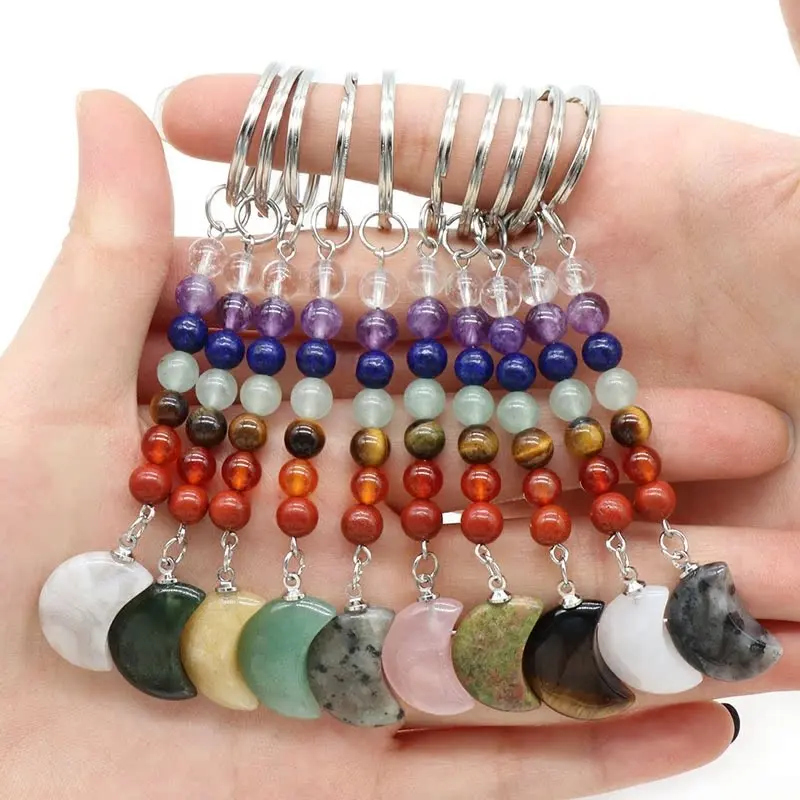 Natural Healing Meditation Energy 7 Chakra Beads Moon Crystal Keychain Stone Crafts For Home Decoration Fengshui Products