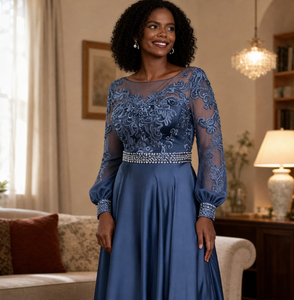 Elegante Abito Lungo in Raso Elasticizzato a Maniche Lunghe per Madre <span class=keywords><strong>della</strong></span> <span class=keywords><strong>Sposa</strong></span> con Pizzo Ricamato e Vita Decorata con Perline - Product Image 6