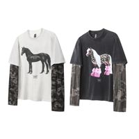 T-shirt Homme Manches Longues Effet Usé et Délavé Camouflage Superposé Style Streetwear Américain Vintage Personnalisé Nouveauté 2026