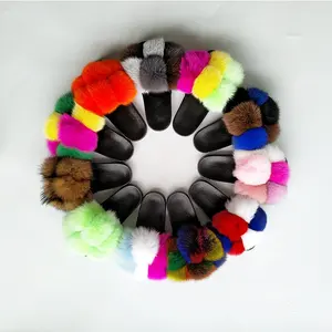 2020 hot sale fur pom pom open toe fur slides women cute fluffy pompom ball real fox fur slippers for women