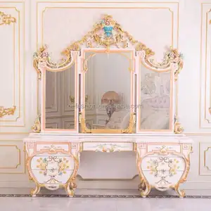 Oe-Fashion Luxe Franse Roze Houten Barokke Slaapkamerset Neo-Klassiek Koninklijk Handgesneden Kaptafel Ontwerp