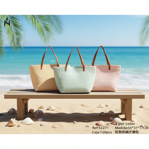 Borsa da spiaggia in carta intrecciata bicolore 55x37x17 cm per donna, borsa da viaggio estiva - Product Image 3