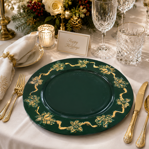 Nouvelles Assiettes de Présentation Vertes de Luxe 2026 de 13 Pouces, Durables et Réutilisables, avec Bord Doré Gaufré pour Noël, en PP, Vente en Gros - Product Image 5