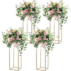 Suporte de flores de casamento retangular, suporte de metal dourado para flores, peça central de mesa para festas de casamento