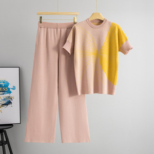 Ensemble de chandails en tricot pour femmes, été, manches courtes, avec pantalon large, polyester, coton, imprimé, tenue tendance en deux pièces - Product Image 2