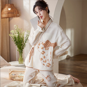 Pronto per la spedizione taglie forti mussola <span class=keywords><strong>100</strong></span>% di cotone garza di maternità pigiama da allattamento da donna Set camicia da notte da donna - Product Image 4
