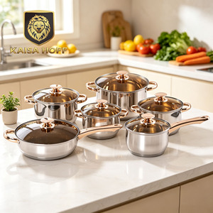 Ensemble de casseroles en acier inoxydable KAISA HOFF Home Cooking 12 pièces, poignées dorées, antiadhésif, comprenant une poêle et un faitout, 18/10 - Product Image 1