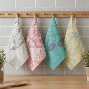 Ensemble de torchons de cuisine carrés en coton turc à séchage rapide avec motif de fruits fantaisie dans les couleurs gris, rose, turquoise et jaune - Product Image 1