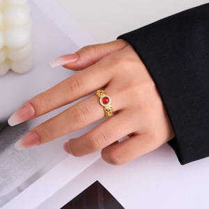 MyMuYu Red Agate Filigree Open Ring Gold Plated Adjustable Index Finger Band Cultural Collectible Jewelry - Product Image 2