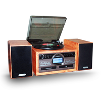 Platine Vinyle Rétro en Bois avec Lecteur CD/DVD, Enregistreur de Cassettes et Radio AM/FM, Gramophone avec Haut-Parleurs Stéréo Externes