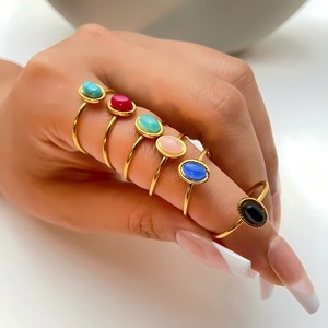 Fashion <b>Rings</b> Natural Stone Stainless Steel 18k Gold Plated <b>Titanium</b> Steel For Women Gift Jewelry Geometric Bezel Setting - Product Image 1