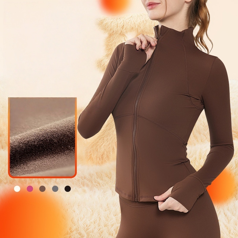 Autumn and Winter Thermal Fleece-Lined Yoga Top Long-Sleeve Zipper Running Fitness Yoga Top