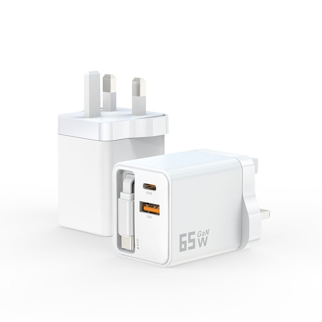 PD 65w Fast Wall Charger Type C Dual Port Travel Charger USB -C Port for Laptop Charger with Retractable Cable GaN Phone Adapter