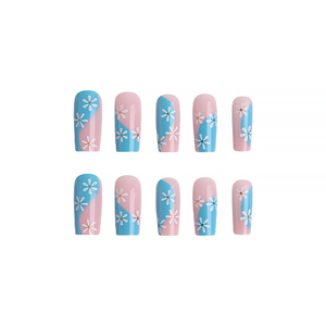 Juego <span class=keywords><strong>de</strong></span> 24 Uñas Postizas <span class=keywords><strong>de</strong></span> Lujo ABS al por Mayor, Diseño <span class=keywords><strong>de</strong></span> Flores Rosas y Azules, Uñas Cuadradas Reutilizables con Pegamento - Product Image 4