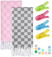 Oversized Plaid Beach Towel with Tassels Cotton Blend Quick Dry Travel Blanket Pool Towel for Adults