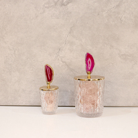 Pot de rangement en verre de luxe avec couvercle en tranche d'agate et poignée, récipient décoratif en cristal pour la maison et le bureau, usine OEM ODM