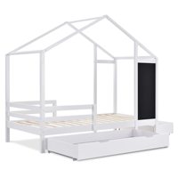 Lit pour enfants Lit maison Lit en bois avec planche et 2 tiroirs Bois massif avec clôture et cadre à lattes Blanc