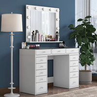 Ensemble de coiffeuse avec grand plateau en verre de style français avec 13 tiroirs, coiffeuse nordique bon marché en cristal avec miroir éclairé par LED