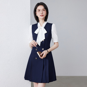Preppy Style Sleeveless Vest Dress For Women With <b>Bow</b> Neckline Pleated Skirt Workwear Career Dress - Product Image 3