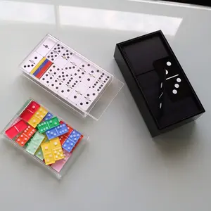 Boîte à couvercle coulissant transparent en acrylique, 28 pièces, motif de jeu double six dominos en soie