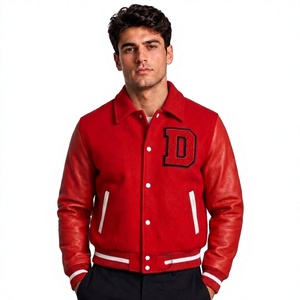 Chaqueta Varsity Roja para Hombre, de Lana con Mangas de Cuero, Cuello Camisero, Letra D Bordada, Cierre de Botones, Estilo Preppy, Otoño - Product Image 1