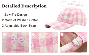 Gorra de béisbol de algodón a cuadros para mujer, con lazo 3D bordado, correa trasera ajustable, efecto adelgazante facial, ideal para uso diario, viajes y actividades al aire libre. - Product Image 6