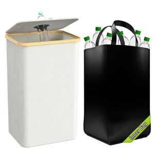Bamboo <b>storage</b> basket with lid, detachable recycling bottle <b>storage</b> basket, trash can, kitchen and home folding recycling bin - Product Image 4