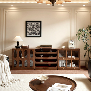 Mobile TV da terra in legno massello stile francese vintage <span class=keywords><strong>con</strong></span> cassetti e vetrina - Credenza multifunzionale per <span class=keywords><strong>soggiorno</strong></span> - Product Image 1