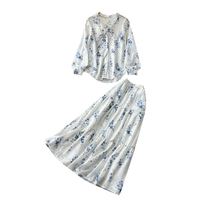 Ensemble élégant pour femme, chemisier à manches longues à col noué fleuri pour le début de l'automne, jupe midi à volants, tenue de bureau élégante