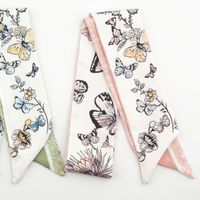 Pañuelo de seda largo y cuadrado con diseño de nube primaveral, mariposa y racimo de flores, retro, elegante, para mujer, con lazo para el pelo, estilo musulmán