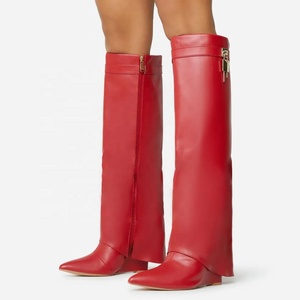 Botas Largas de Invierno para Mujer Shark Lock con Punta Puntiaguda, Tacón Alto de Cuña, Diseño Superpuesto, Estilo Pantalón, Botines Personalizados hasta la Rodilla, Antideslizantes - Product Image 3