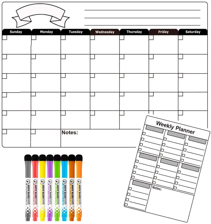 Stiker Papan Penglihatan Kalender Hapus Kering, Stiker Magnetik untuk Kulkas Bulanan Mingguan, Stiker Perencana Organizer Papan Putih