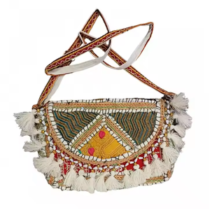 Transferencia directa de fábrica India hecho a mano patrón geométrico bohemio con cuentas bolso de mano de noche elegante suave de gran capacidad - Product Image 1